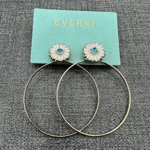 Everri White Blue Flower Hoop Earrings Rhinestone Glass Gold Tone Statement